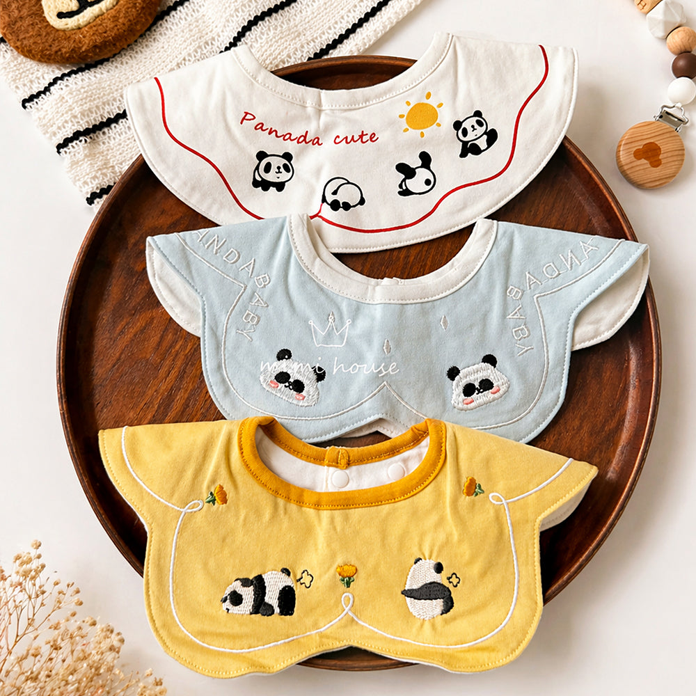 3PCS Set, Panda Print Premium Adjustable Button Closure & Wide Shoulder Size Bibs