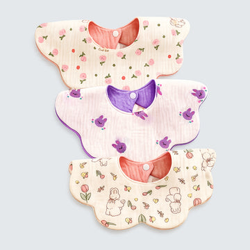3PCS Set Pink Purple Print Soft Muslin Adjustable Button Closure & Wide Shoulder Size Bibs