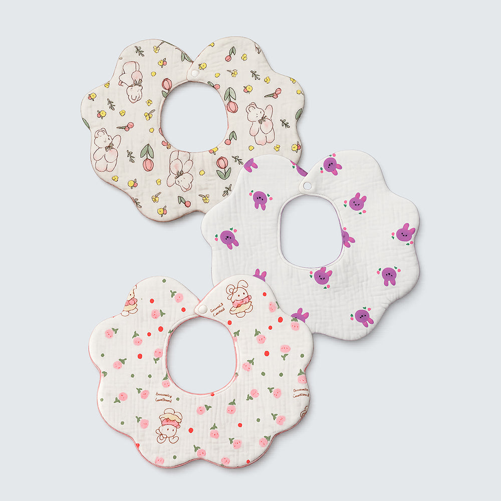 3PCS Set Pink Purple Print Soft Muslin Adjustable Button Closure & Wide Shoulder Size Bibs
