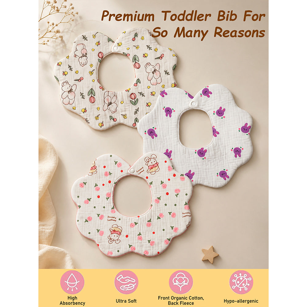 3PCS Set Pink Purple Print Soft Muslin Adjustable Button Closure & Wide Shoulder Size Bibs