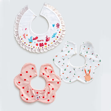 3PCS Set, Polka Rabbit Print Premium Adjustable Button Closure & Wide Shoulder Size Bibs