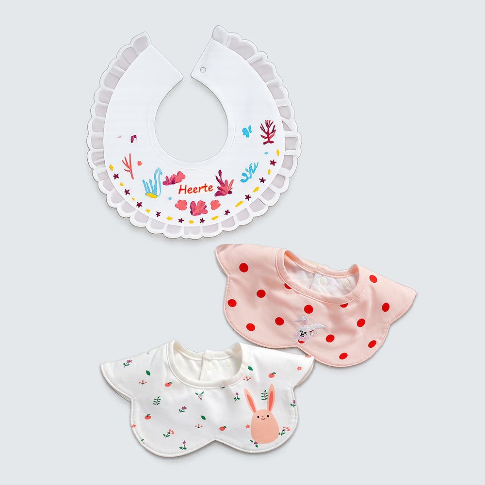 3PCS Set, Polka Rabbit Print Premium Adjustable Button Closure & Wide Shoulder Size Bibs