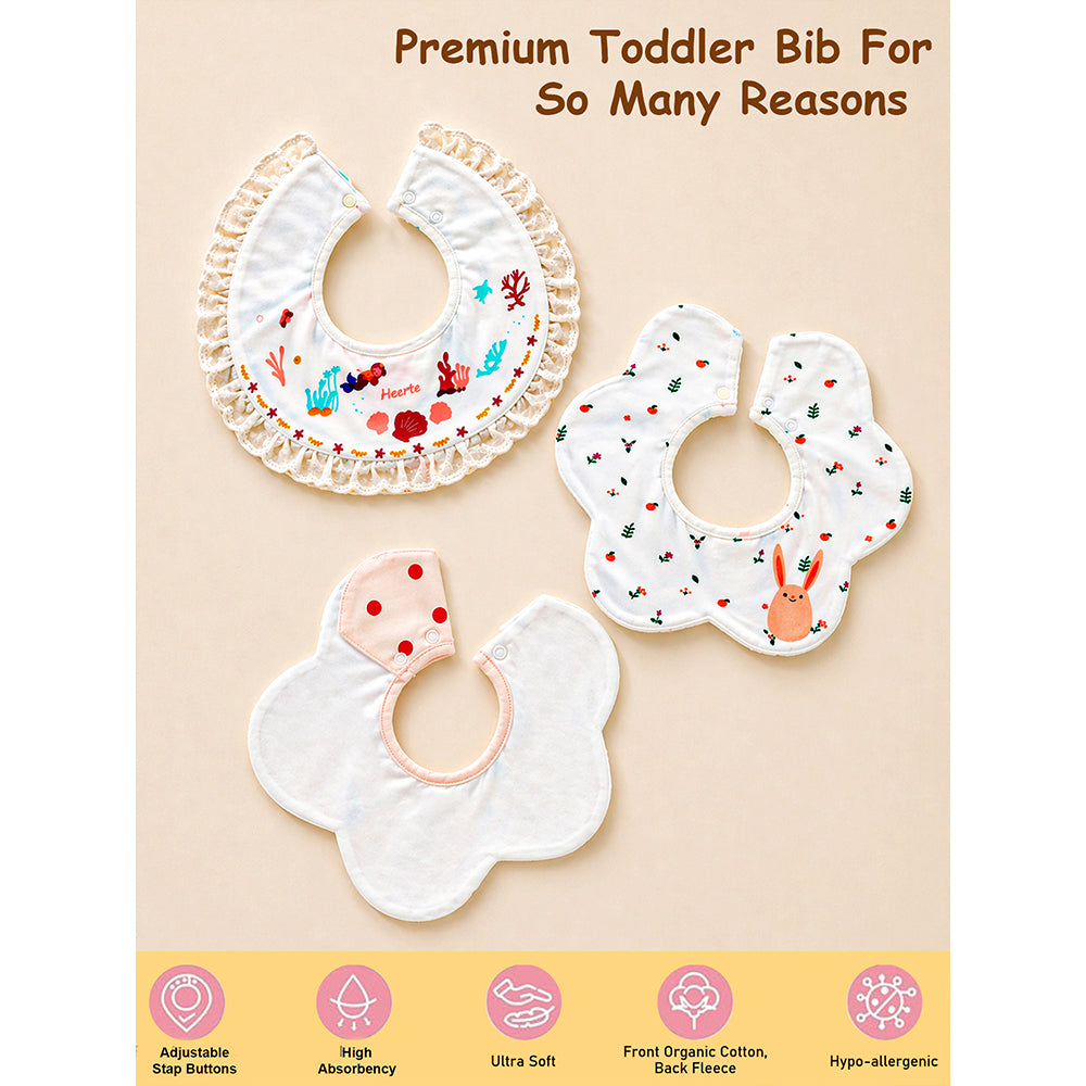 3PCS Set, Polka Rabbit Print Premium Adjustable Button Closure & Wide Shoulder Size Bibs