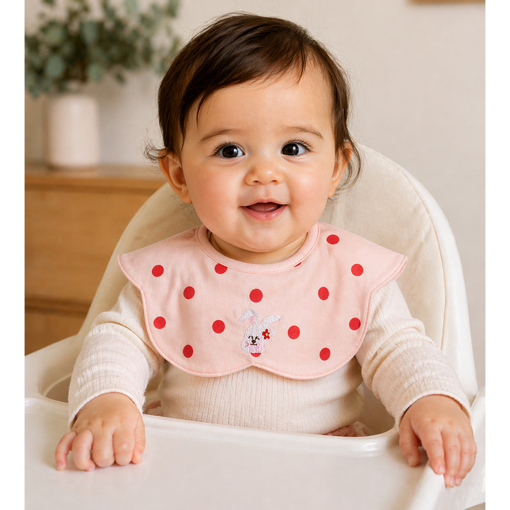 3PCS Set, Polka Rabbit Print Premium Adjustable Button Closure & Wide Shoulder Size Bibs
