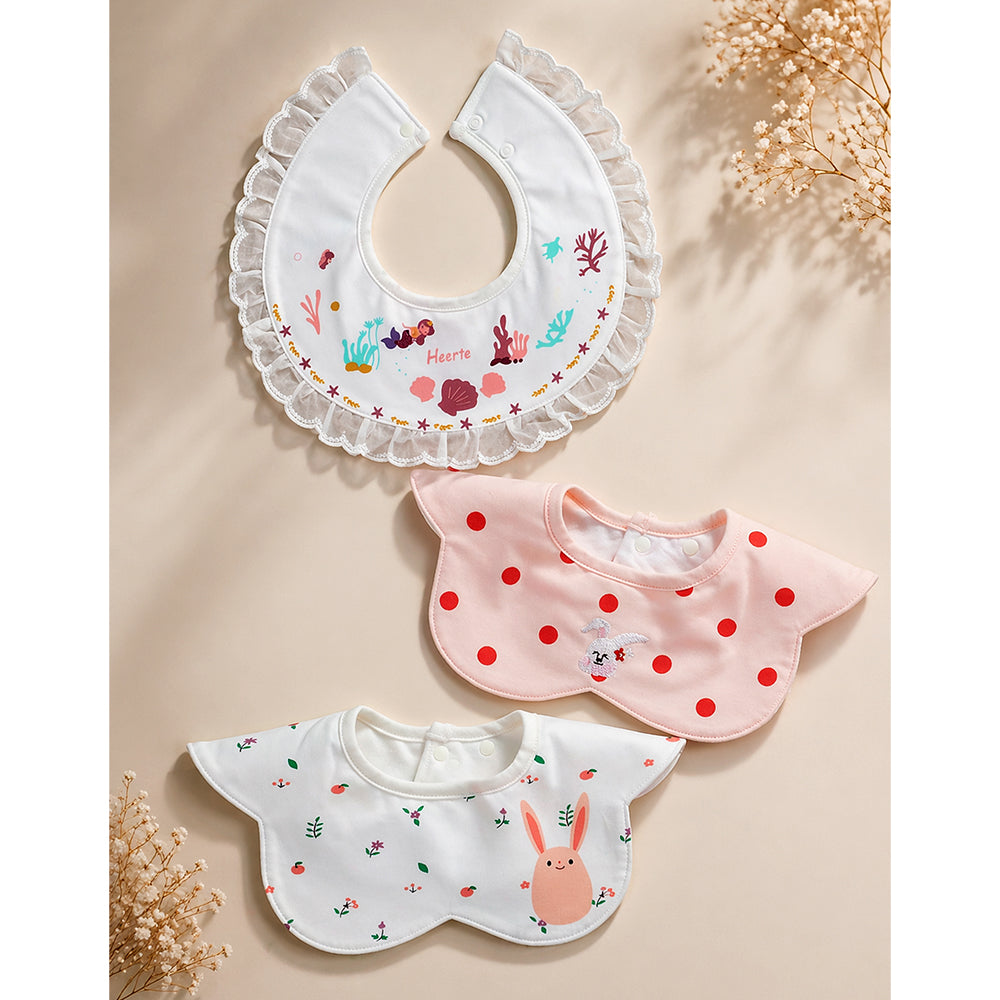 3PCS Set, Polka Rabbit Print Premium Adjustable Button Closure & Wide Shoulder Size Bibs