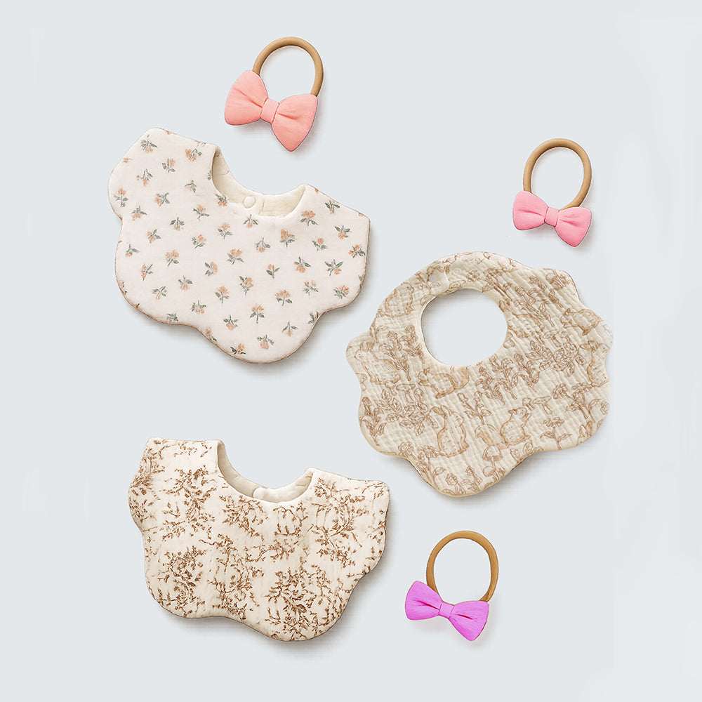 3PCS Squirrel & Leaf Print Petal Style Muslin Bibs Set with Bow Hair Band, Muslin Adjustable Button Closure & Wide Shoulder Size Bibs