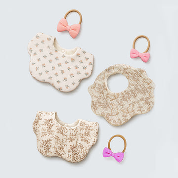 3PCS Squirrel & Leaf Print Petal Style Muslin Bibs Set with Bow Hair Band, Muslin Adjustable Button Closure & Wide Shoulder Size Bibs
