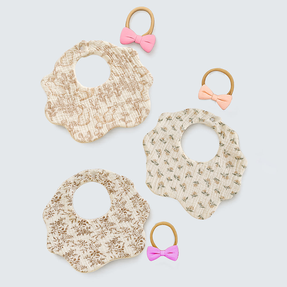 3PCS Squirrel & Leaf Print Petal Style Muslin Bibs Set with Bow Hair Band, Muslin Adjustable Button Closure & Wide Shoulder Size Bibs