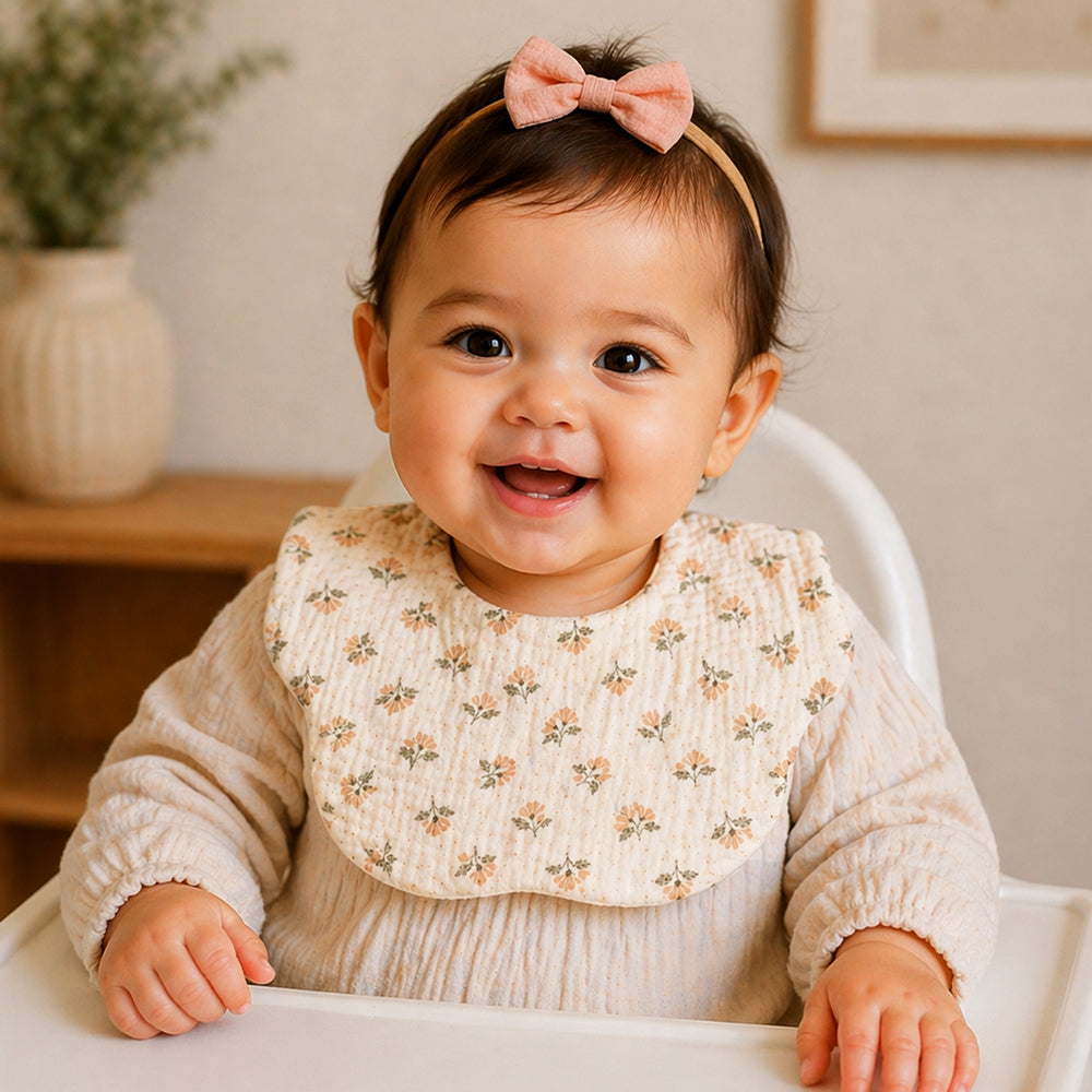 3PCS Squirrel & Leaf Print Petal Style Muslin Bibs Set with Bow Hair Band, Muslin Adjustable Button Closure & Wide Shoulder Size Bibs
