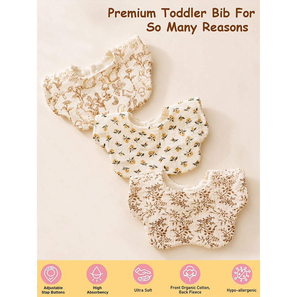 3PCS Squirrel & Leaf Print Petal Style Muslin Bibs Set with Bow Hair Band, Muslin Adjustable Button Closure & Wide Shoulder Size Bibs