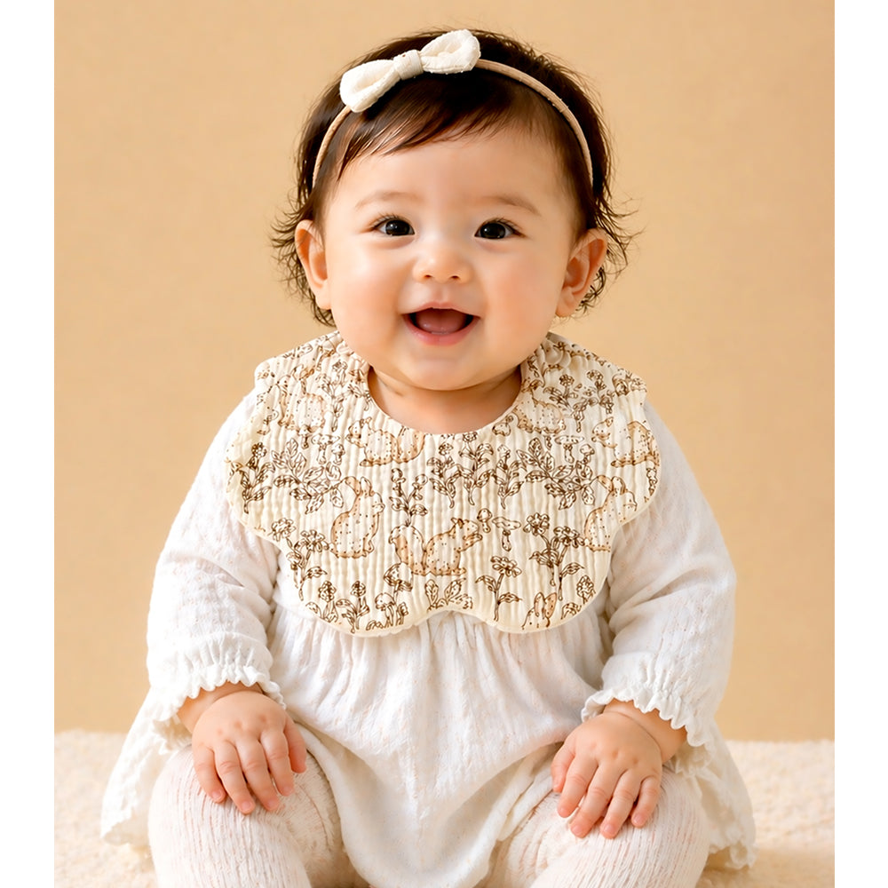 3PCS Squirrel & Leaf Print Petal Style Muslin Bibs Set with Bow Hair Band, Muslin Adjustable Button Closure & Wide Shoulder Size Bibs