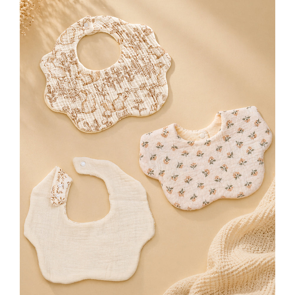 3PCS Squirrel & Leaf Print Petal Style Muslin Bibs Set with Bow Hair Band, Muslin Adjustable Button Closure & Wide Shoulder Size Bibs