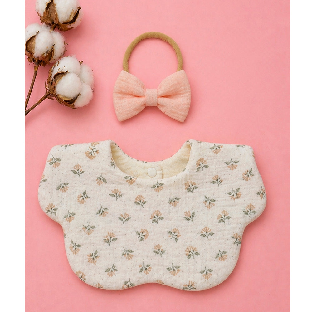 3PCS Squirrel & Leaf Print Petal Style Muslin Bibs Set with Bow Hair Band, Muslin Adjustable Button Closure & Wide Shoulder Size Bibs