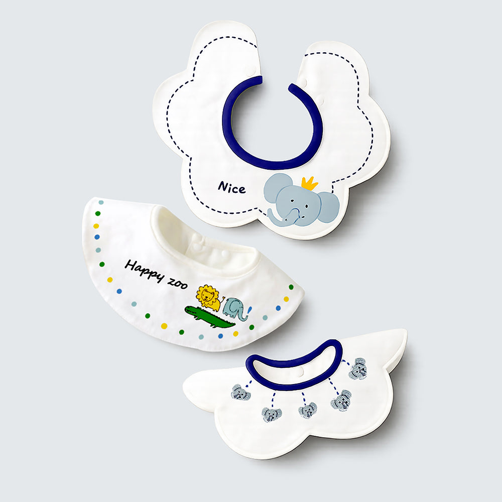 3PCS Set, Zoo Print Premium Adjustable Button Closure & Wide Shoulder Size Bibs