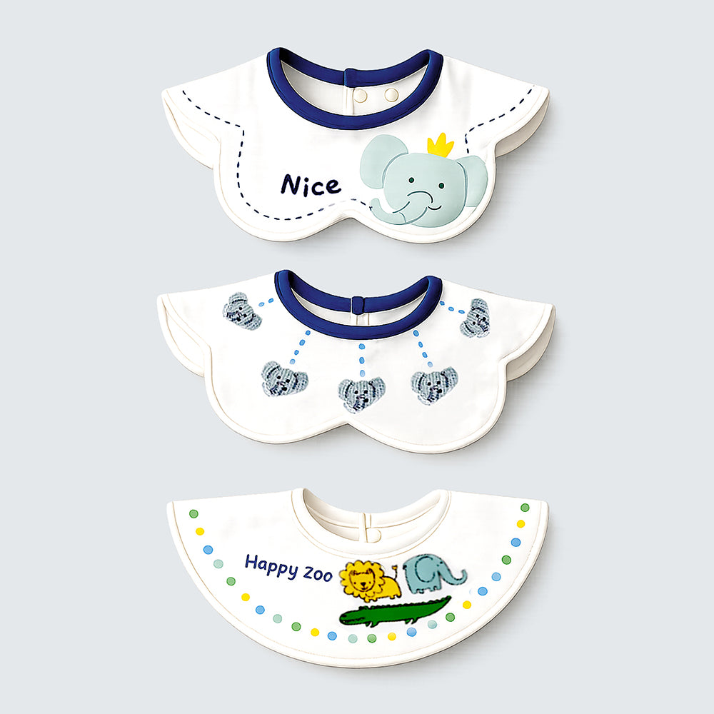 3PCS Set, Zoo Print Premium Adjustable Button Closure & Wide Shoulder Size Bibs