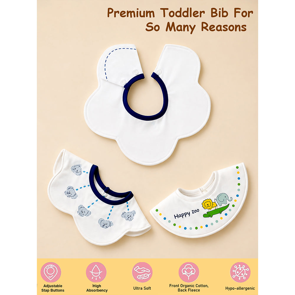 3PCS Set, Zoo Print Premium Adjustable Button Closure & Wide Shoulder Size Bibs