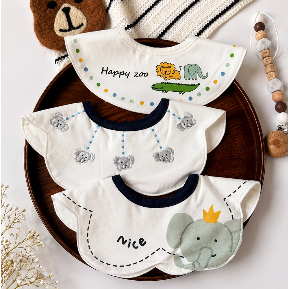 3PCS Set, Zoo Print Premium Adjustable Button Closure & Wide Shoulder Size Bibs