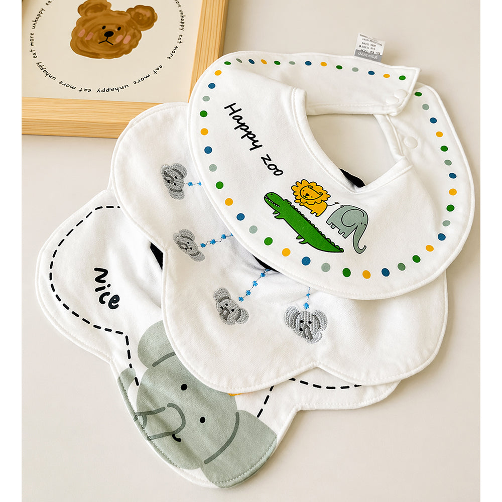 3PCS Set, Zoo Print Premium Adjustable Button Closure & Wide Shoulder Size Bibs