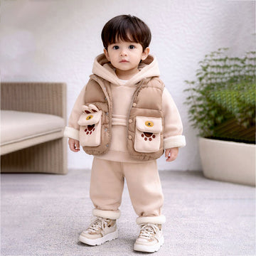 3 Pcs Winter Set, Beige Brown Paw, Hoodie, tshirt & Pants for Kids, Winterwear