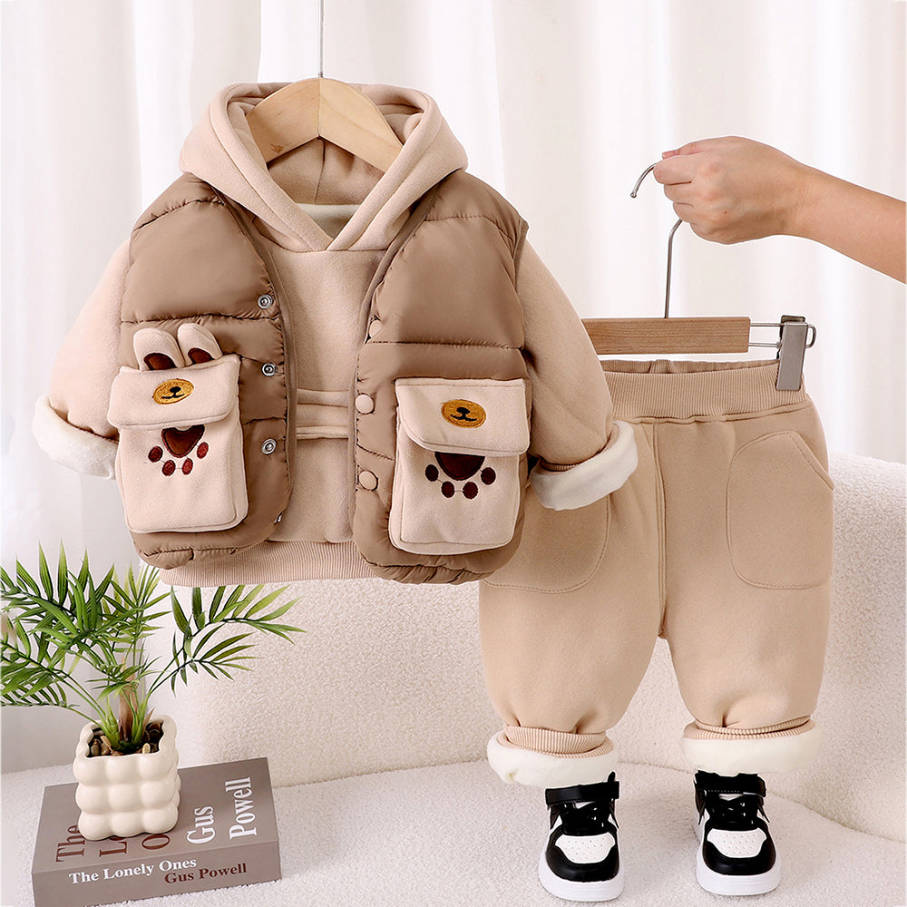 3 Pcs Winter Set, Beige Brown Paw, Hoodie, tshirt & Pants for Kids, Winterwear