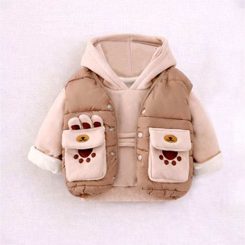 3 Pcs Winter Set, Beige Brown Paw, Hoodie, tshirt & Pants for Kids, Winterwear