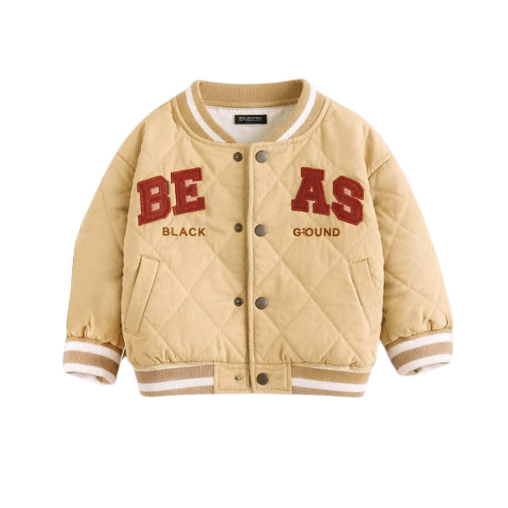 3 Pcs Set, Beige beas Puffer Quilted Jacket, with T-shirt & Pants for Kids, Winterwear