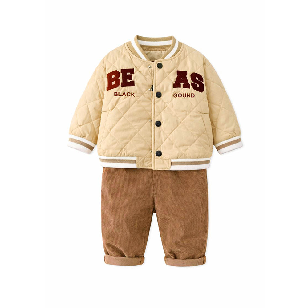 3 Pcs Set, Beige beas Puffer Quilted Jacket, with T-shirt & Pants for Kids, Winterwear