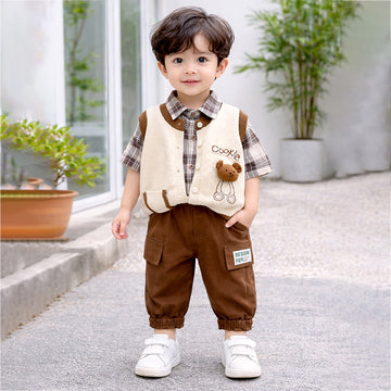 3 Pcs Set,Beige Teddy Knitted Vest,Checkered Shirt,& Pants for Kids