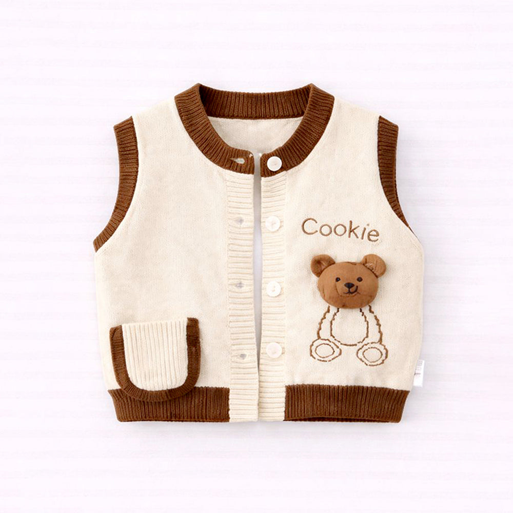 3 Pcs Set,Beige Teddy Knitted Vest,Checkered Shirt,& Pants for Kids