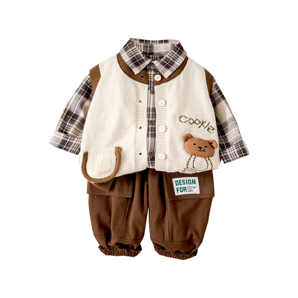 3 Pcs Set,Beige Teddy Knitted Vest,Checkered Shirt,& Pants for Kids