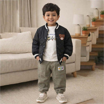 3 Pcs Set, Black Bear Quilted Jacket, T-shirt & Pants set for Kids, Winterwear