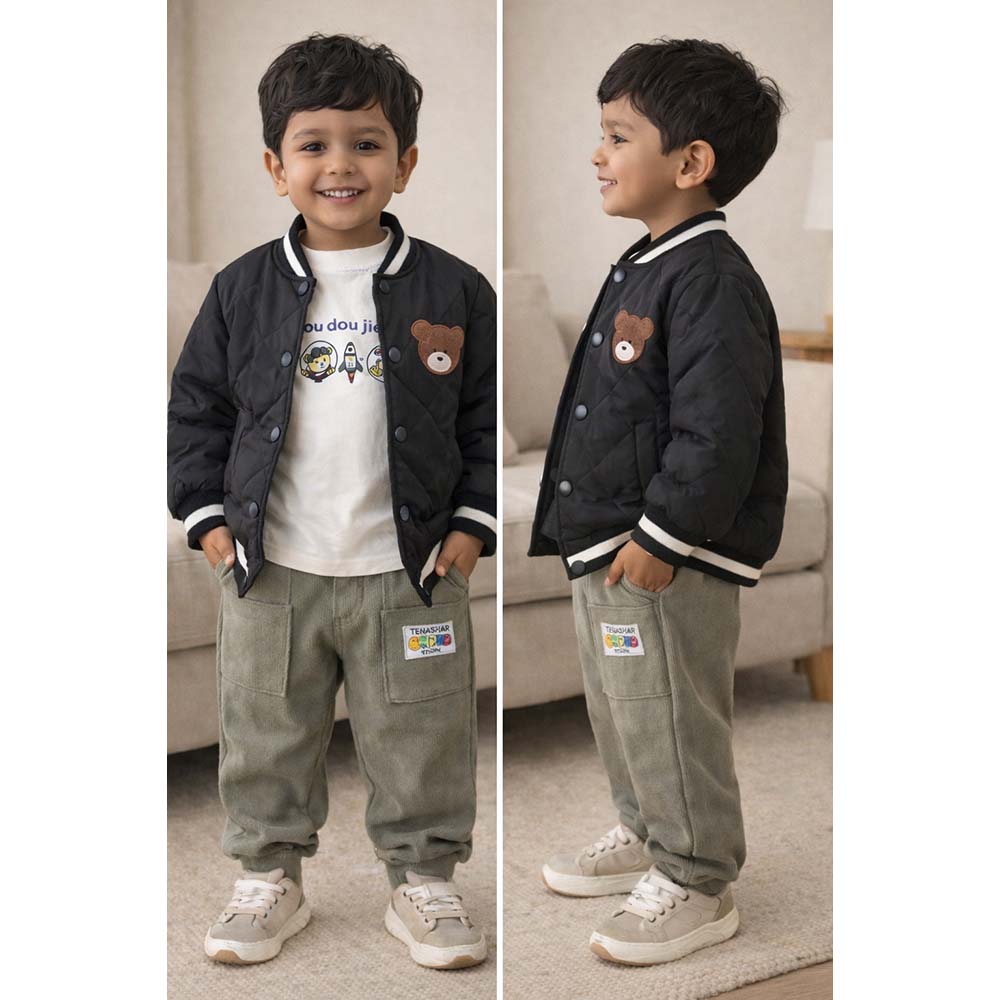 3 Pcs Set, Black Bear Quilted Jacket, T-shirt & Pants set for Kids, Winterwear