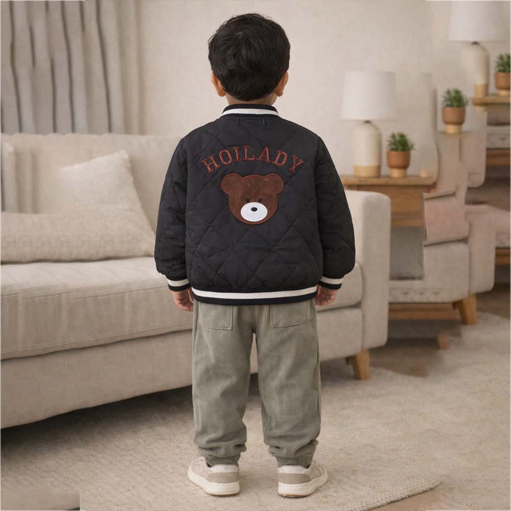 3 Pcs Set, Black Bear Quilted Jacket, T-shirt & Pants set for Kids, Winterwear