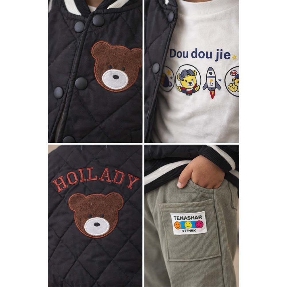 3 Pcs Set, Black Bear Quilted Jacket, T-shirt & Pants set for Kids, Winterwear