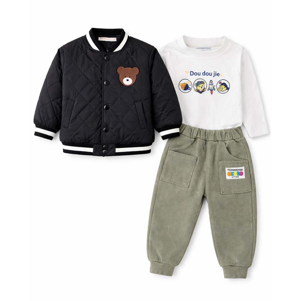3 Pcs Set, Black Bear Quilted Jacket, T-shirt & Pants set for Kids, Winterwear