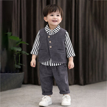 3 Pcs Set,Black Zig Zag Textured Vest,Shirt & Pants for Kids