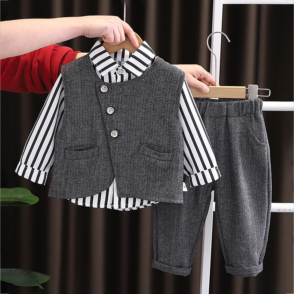 3 Pcs Set,Black Zig Zag Textured Vest,Shirt & Pants for Kids