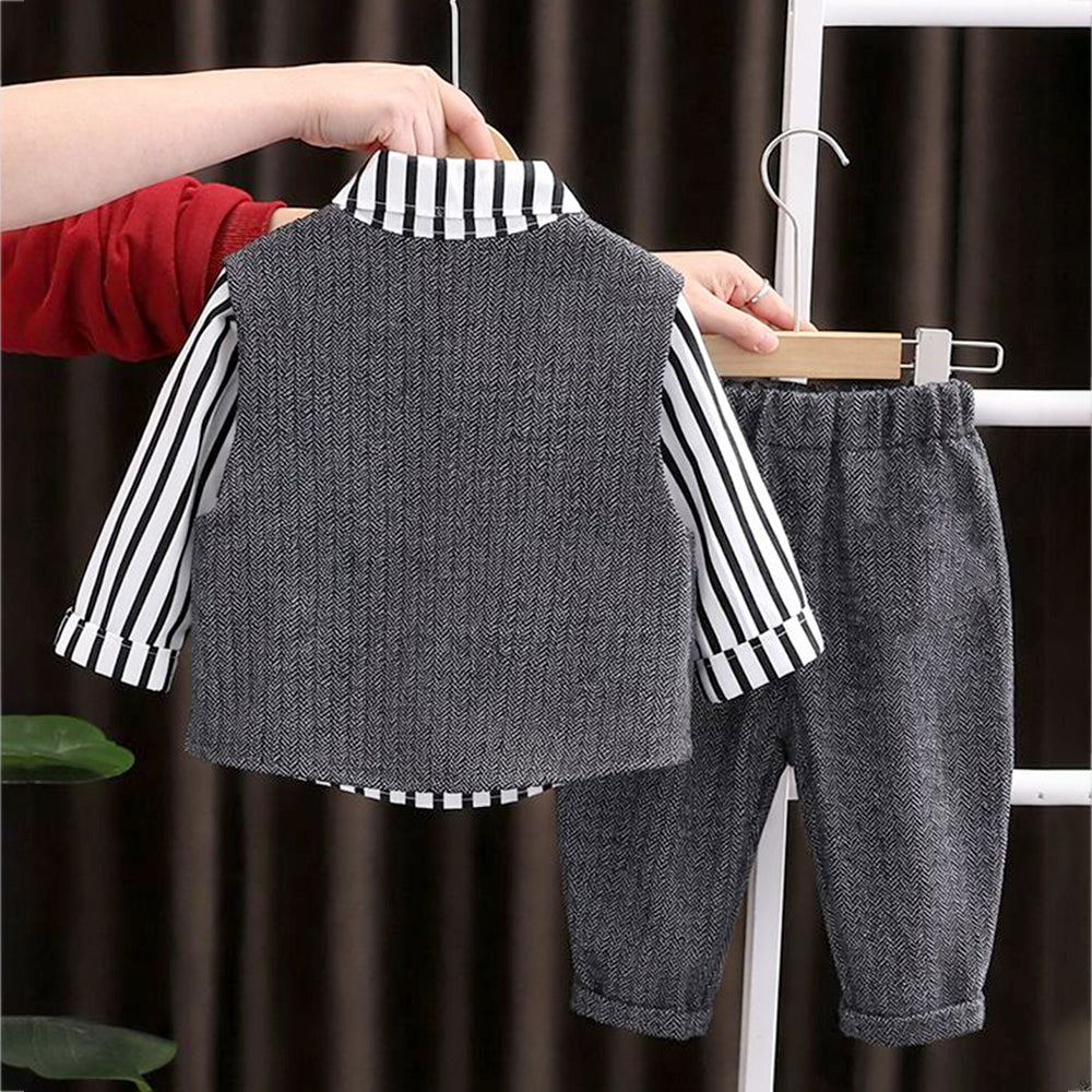 3 Pcs Set,Black Zig Zag Textured Vest,Shirt & Pants for Kids