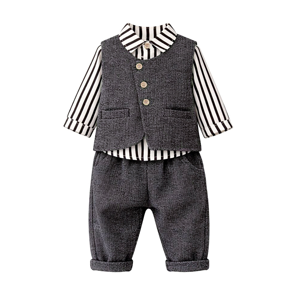 3 Pcs Set,Black Zig Zag Textured Vest,Shirt & Pants for Kids