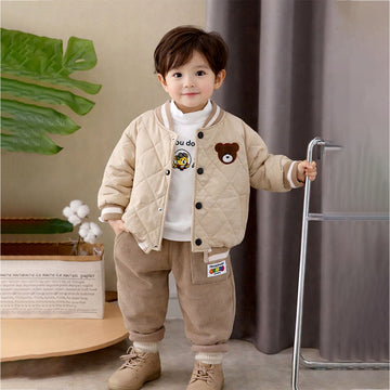 3 Pcs Set, Brown Bear Quilted Jacket, T-shirt & Pants set for Kids, Winterwear