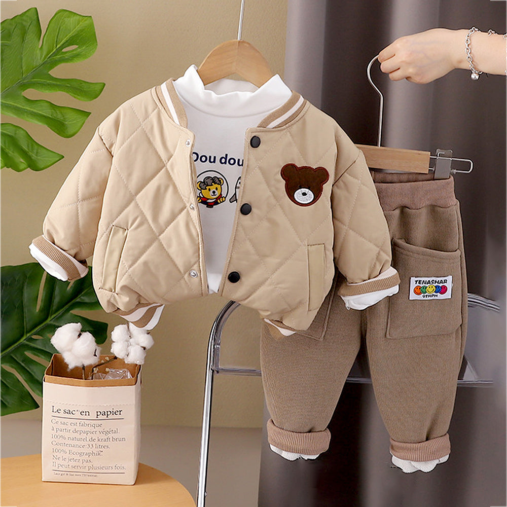 3 Pcs Set, Brown Bear Quilted Jacket, T-shirt & Pants set for Kids, Winterwear