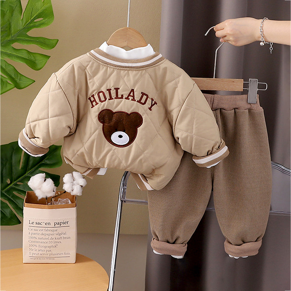 3 Pcs Set, Brown Bear Quilted Jacket, T-shirt & Pants set for Kids, Winterwear