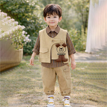 3 Pcs,Brown Happy Ted Vest,Brown Stripes Shirt,Pants set for Kids