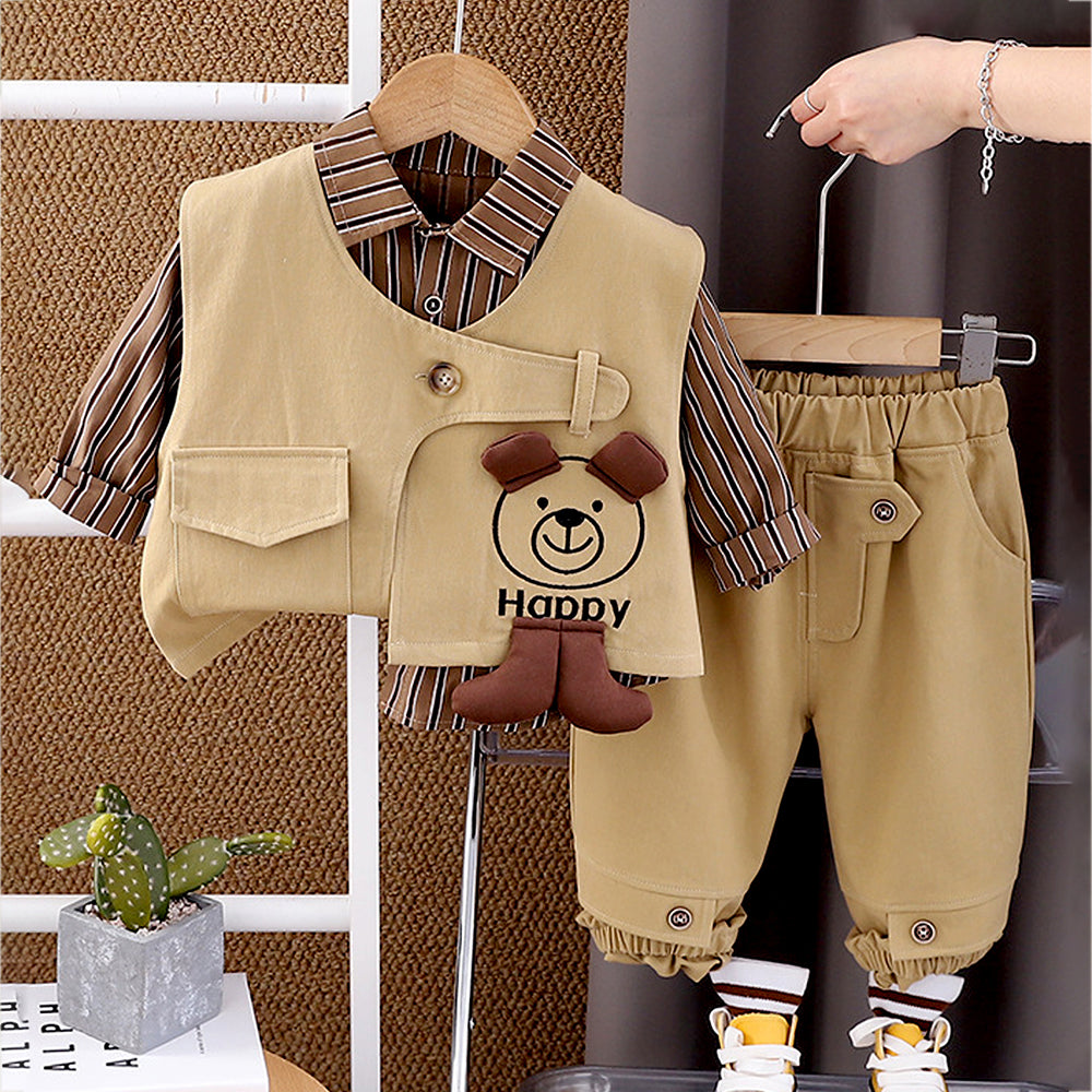 3 Pcs,Brown Happy Ted Vest,Brown Stripes Shirt,Pants set for Kids