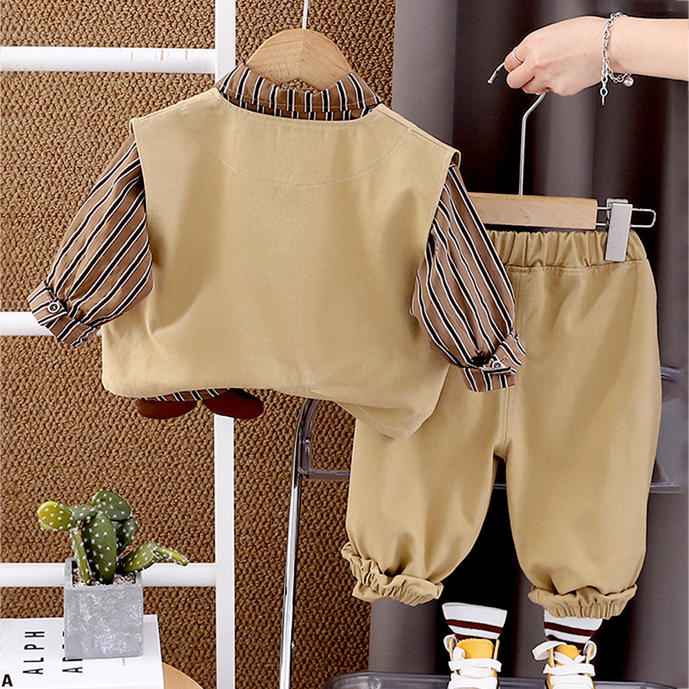 3 Pcs,Brown Happy Ted Vest,Brown Stripes Shirt,Pants set for Kids