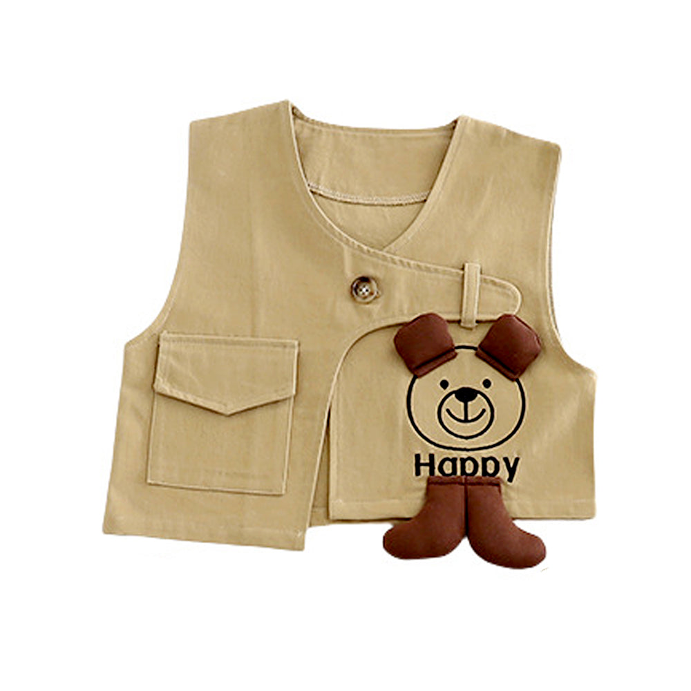 3 Pcs,Brown Happy Ted Vest,Brown Stripes Shirt,Pants set for Kids