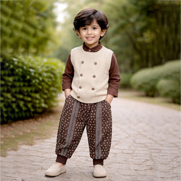 3 Pcs Set,Beige Vest with Double Button Detailing,Dark Brown Shirt & Printed Pants for Kids