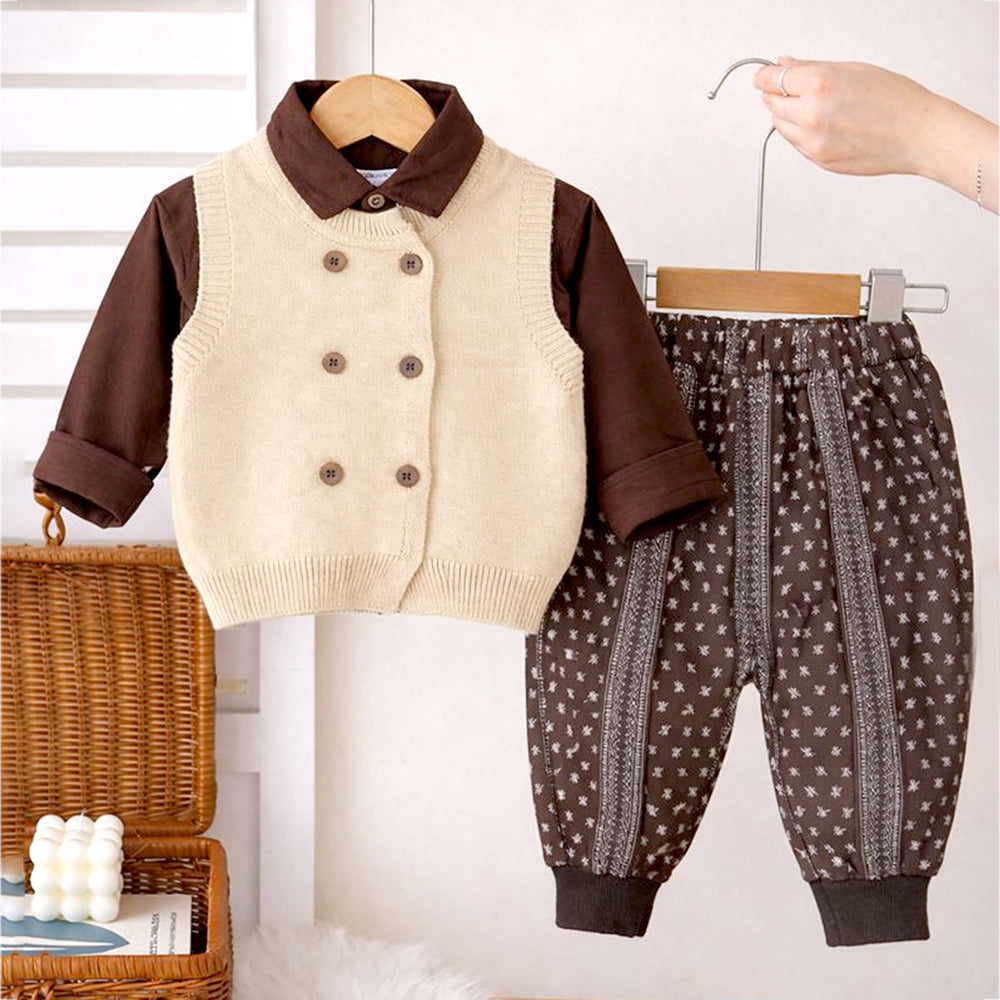 3 Pcs Set,Beige Vest with Double Button Detailing,Dark Brown Shirt & Printed Pants for Kids