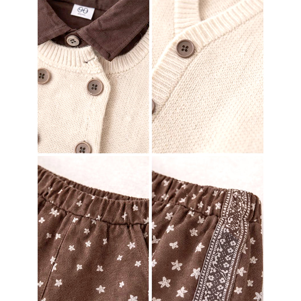 3 Pcs Set,Beige Vest with Double Button Detailing,Dark Brown Shirt & Printed Pants for Kids