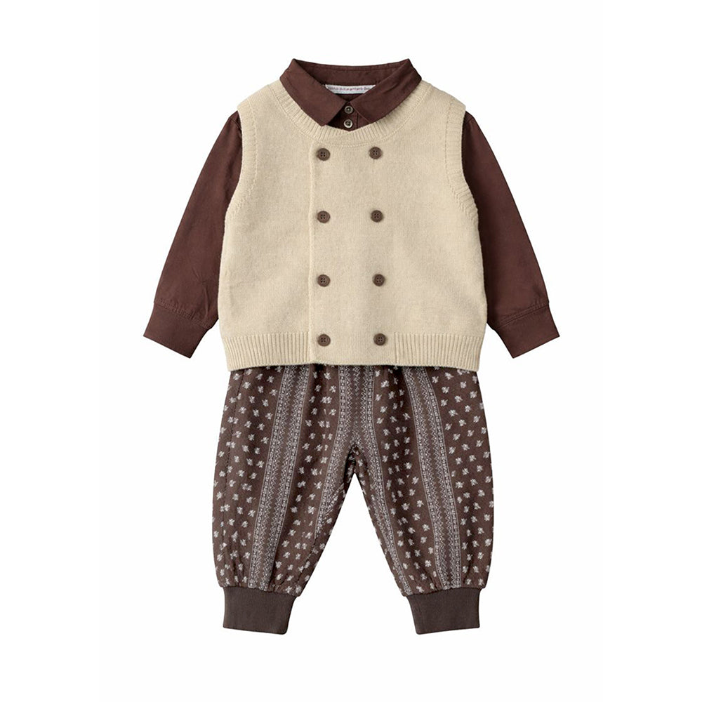 3 Pcs Set,Beige Vest with Double Button Detailing,Dark Brown Shirt & Printed Pants for Kids